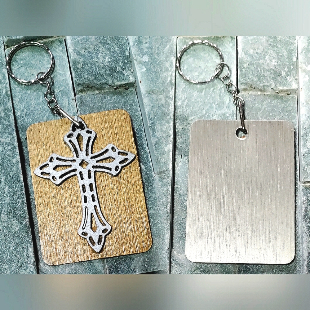 NEW Handmade Keychain/Bag Tag! Brushed Brass w/ Victorian Steampunk Wood Cross.